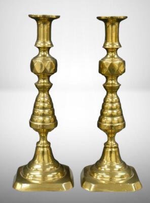 Pair of English Victorian Beehive and Diamond push-up 13" brass candlesticks