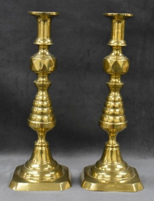 Pair of English Victorian Beehive and Diamond push-up 13" brass candlesticks - 2