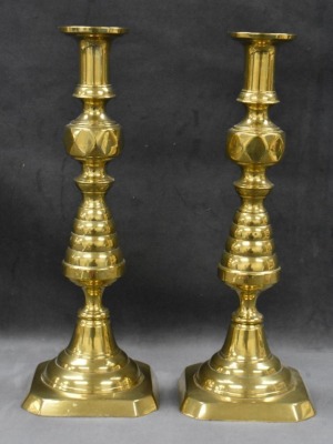 Pair of English Victorian Beehive and Diamond push-up 13" brass candlesticks - 3