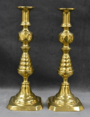 Pair of English Victorian Beehive and Diamond push-up 13" brass candlesticks - 4