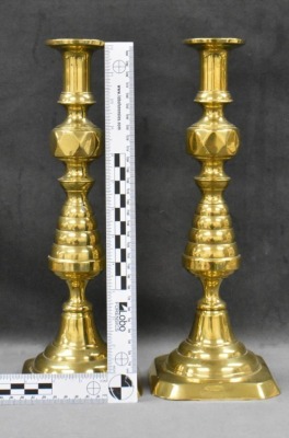 Pair of English Victorian Beehive and Diamond push-up 13" brass candlesticks - 8