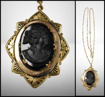 Antique French Cameo necklace, black set in pretty gold frame work