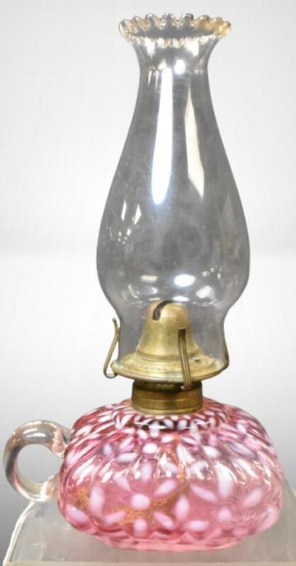 Cranberry opalescent Snowflake finger hold kerosene lamp