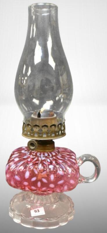 Cranberry opalescent Snowflake finger hold kerosene lamp