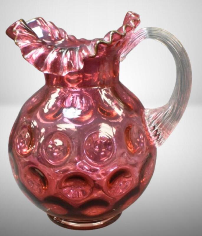 Fenton cranberry Coin Dot 9.5" pitcher w/ clear applied handle