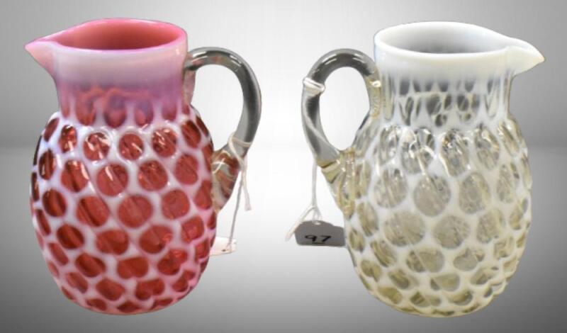 (2) Fenton opalescent 5.5"h pitchers, Coinspot pattern on ribbed swirl