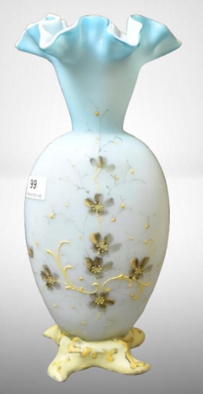 Victorian pale blue satin 8.5"h vase w/ enameled floral designs