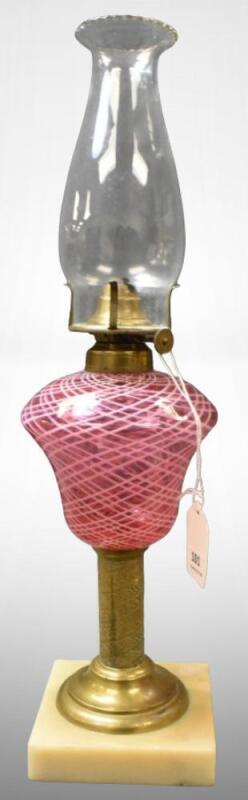 Cranberry Latticinio stripe font kerosene stand lamp