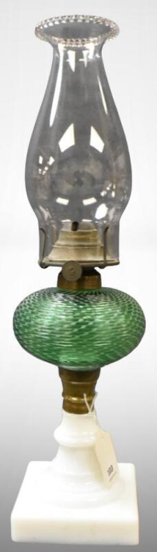 Green opalescent Reverse Swirl kerosene lamp w/ white milk glass base