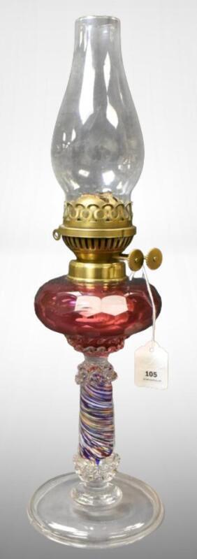 Victorian kerosene lamp w/ cranberry font and swirl design w/ intricate hand-blown stem and clear base