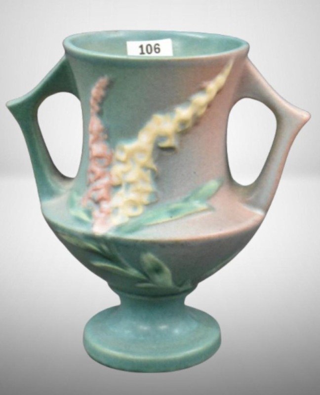 Roseville Foxglove 161-6" vase, green/ pink
