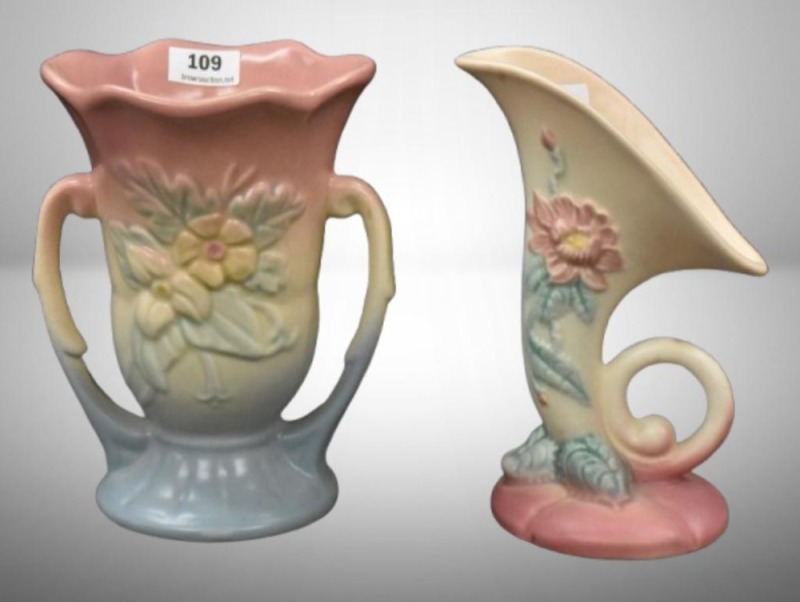 (2) Hull pottery pcs: Wildflower W-3-5.5" vase, pink/ blue; Woodland W2-5.5" cornucopia, pink/ cream