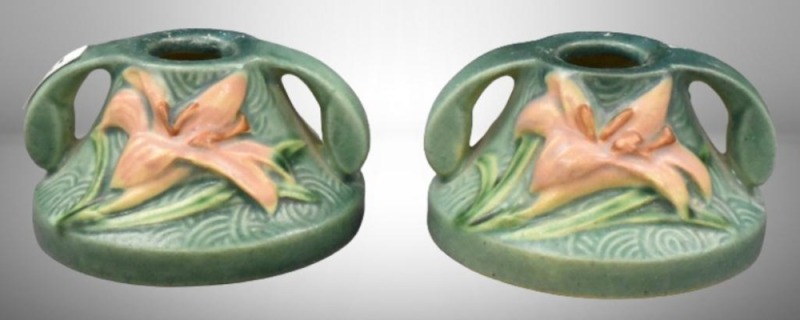 Pair of Roseville Zephyr Lily 1162-2" candleholders, green