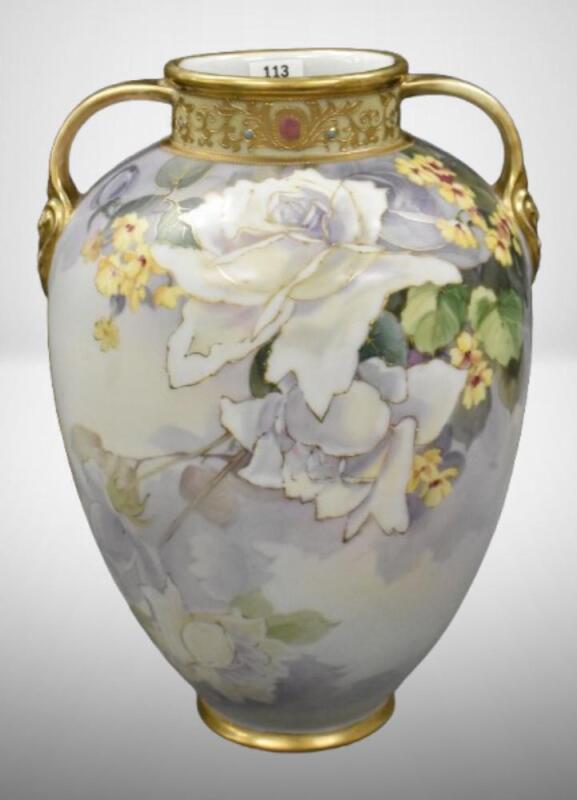 Mrkd. Nippon 12" vase, large floral decoration