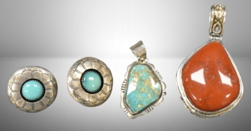 (4) Native American Indian jewelry pcs. incl. mrkd. Sterling turquoise earrings and necklace pendant; Red Jasper? gemstone necklace pendant