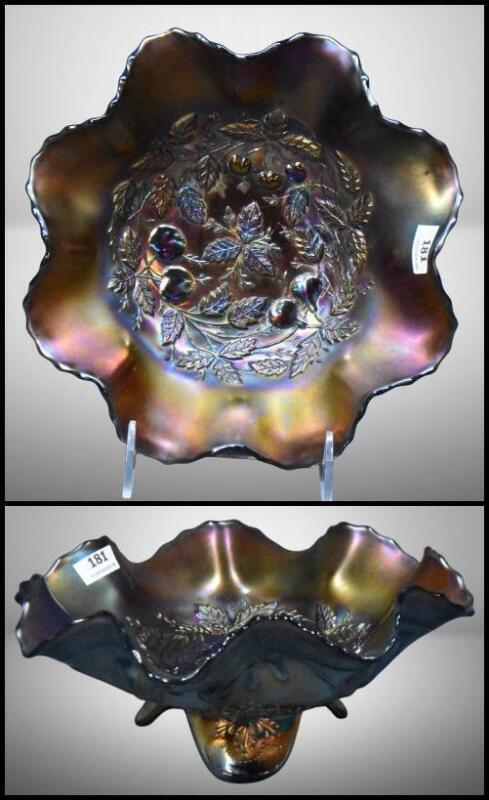 Northwood Carnival Glass Three Fruits Medallion 8.5" spatula-ftd. bowl, amethyst