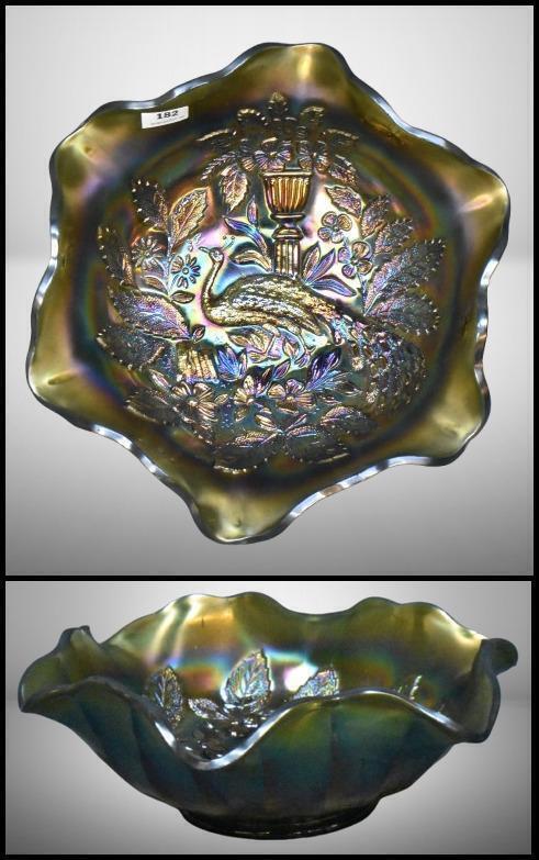 Millersburg Carnival Glass Peacock and the Urn 10" ruffled bowl, green