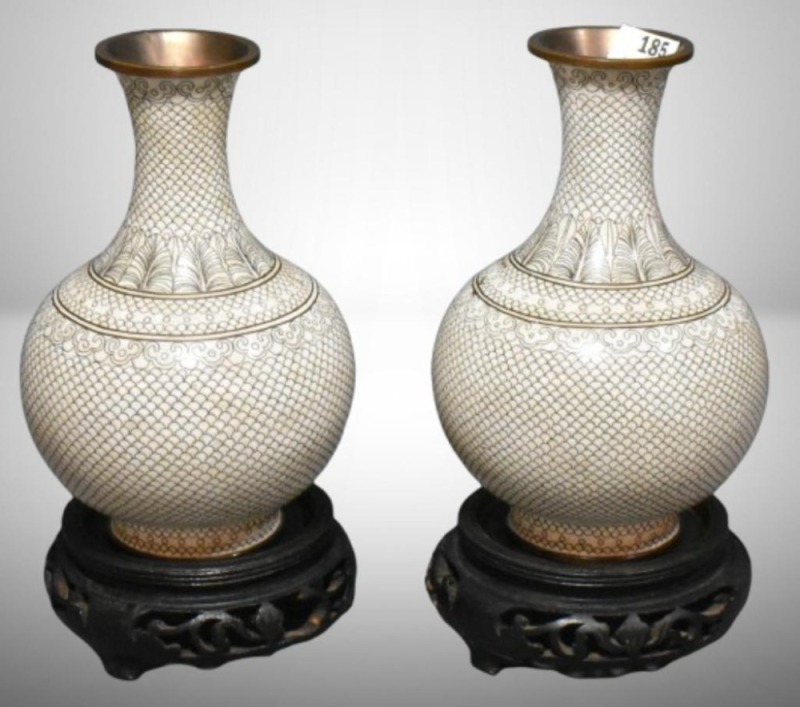 Pair of Cloisonne white bulbous vases with fish scale patterns