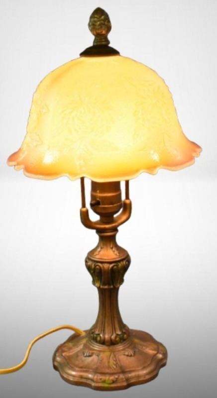 Table lamp with carnival glass shade, marigold