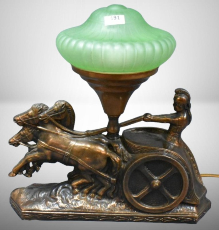 Art Deco Chariot electric lamp with green depression glass shade