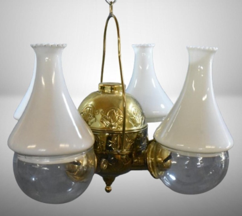 Angle Lamp Co. brass and glass 4-burner hanging oil lamp