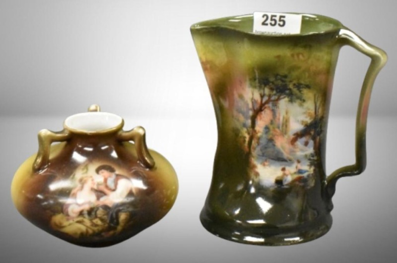 (2) Mrkd. Bayreuth pcs: 3.75" pitcher, The Bathers; 2" mini vase, young couple