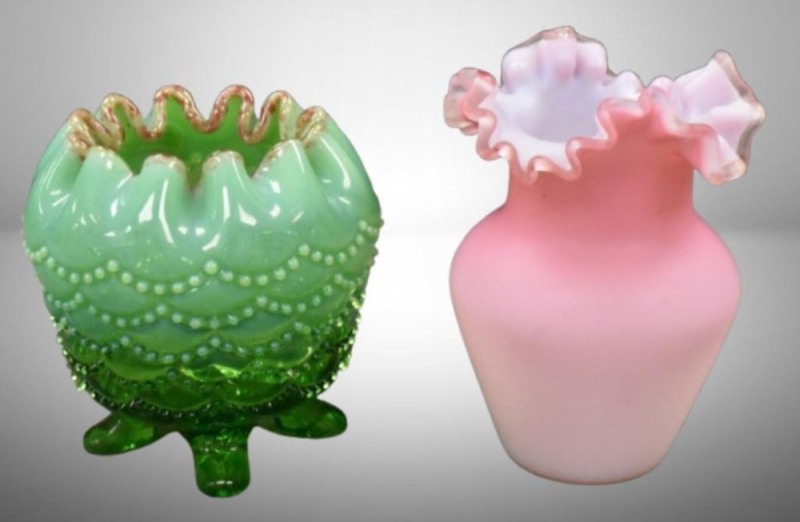 Northwood green opal Beaded Drape 4.5"h ftdl rose bowl; Pink and white cased satin glass 5.25"h vase