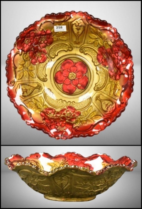 Goofus glass red and gold 9"d bowl