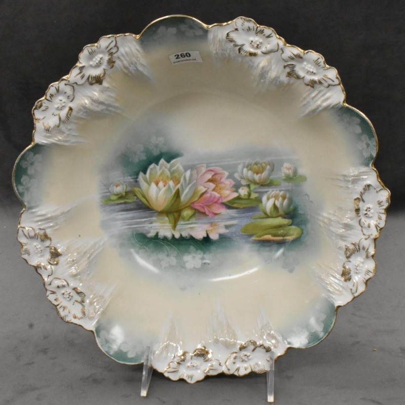 R.S. Prussia Icicle mold 11"d bowl, Reflecting Water Lilies, red mark