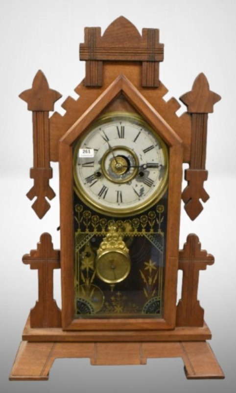 Wooden mantel clock w/ gold decorated glass, pat'd. 1879 - works