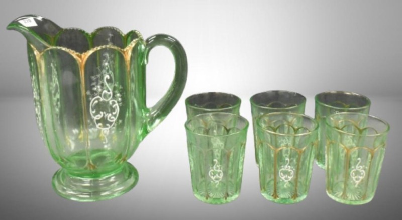 Victorian 7 pc. water set, green w/ enamelled designs