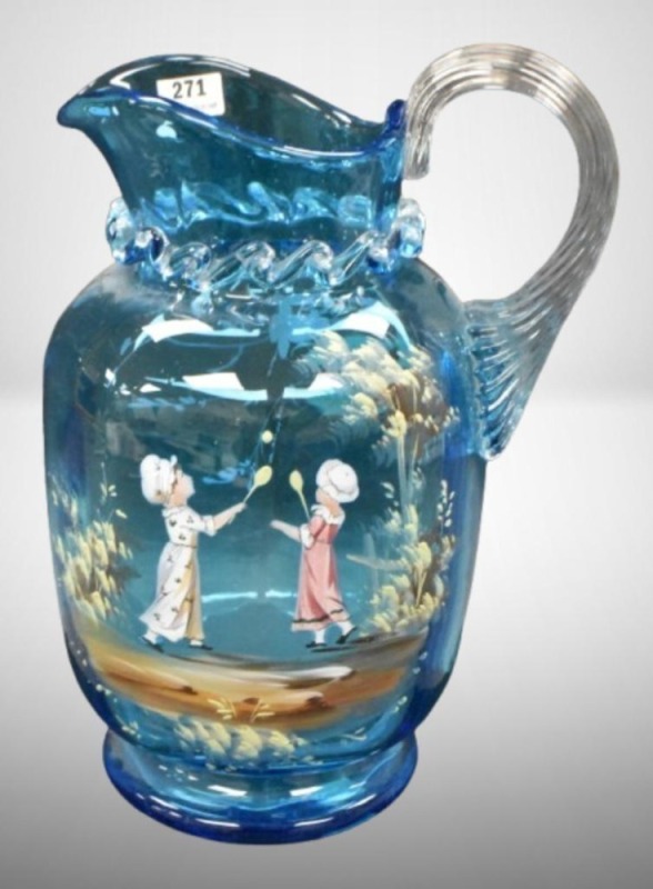 Blue Mary Gregory-style 9" pitcher