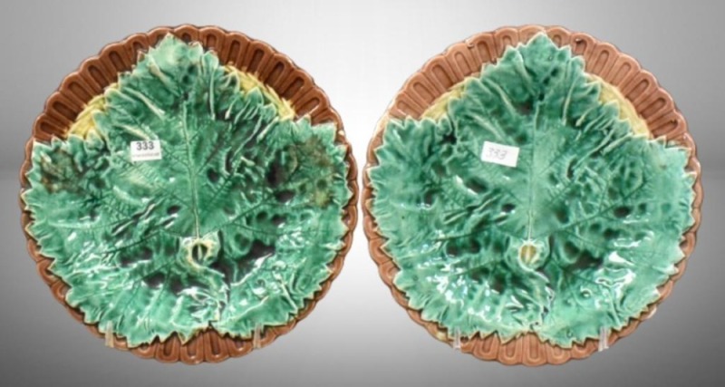 (2) Majolica 8.5"d plates, large green leaves