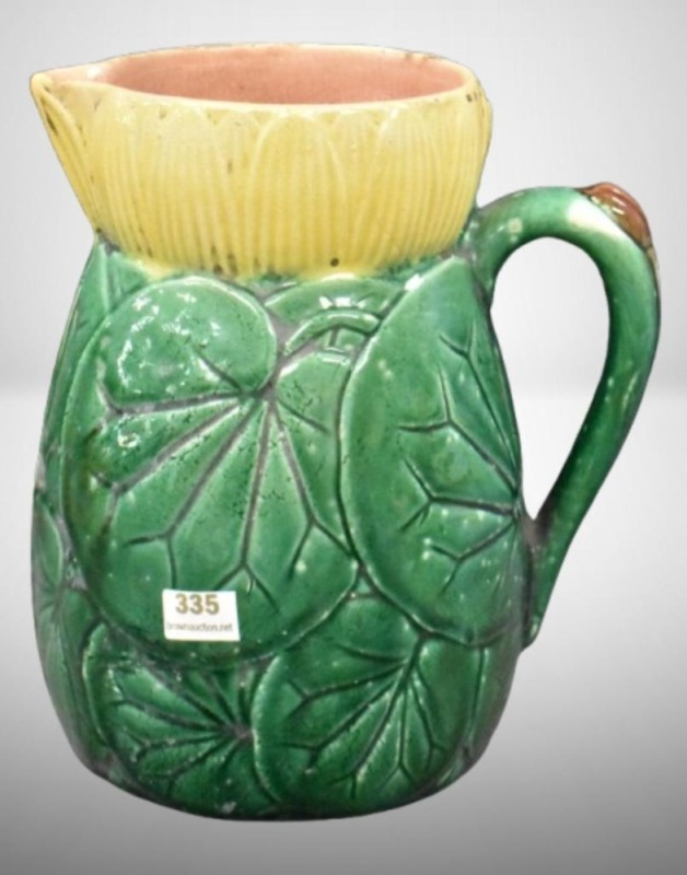 Majolica 7.5" pitcher, water lilies