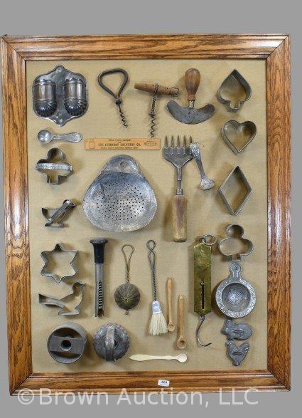 (29) Vintage kitchen utensils and gadgets mounted and framed