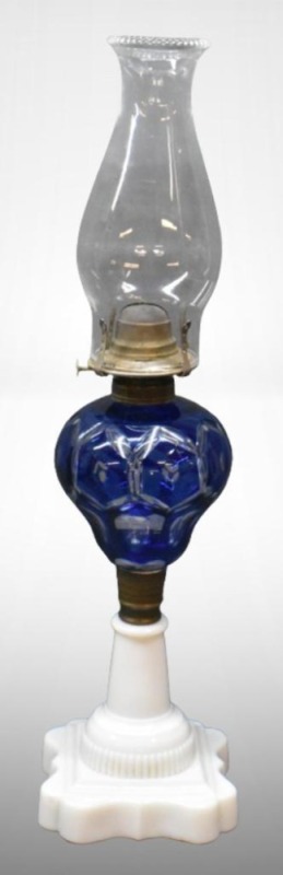 Cobalt cut-to-clear kerosene lamp on milk glass base