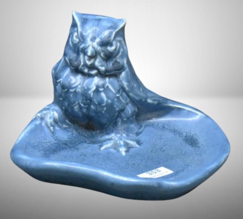 Rookwood pottery figural tray with owl, blue tones