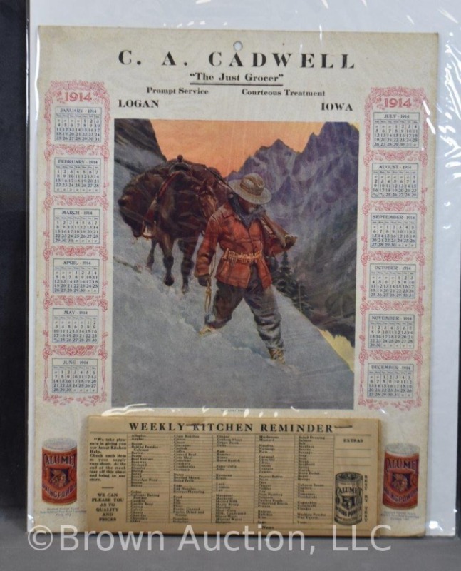 1914 Calumet Baking Powder advertising calendar, C.A. Cadwell, Logan, IA, "The Lost Trail" photo