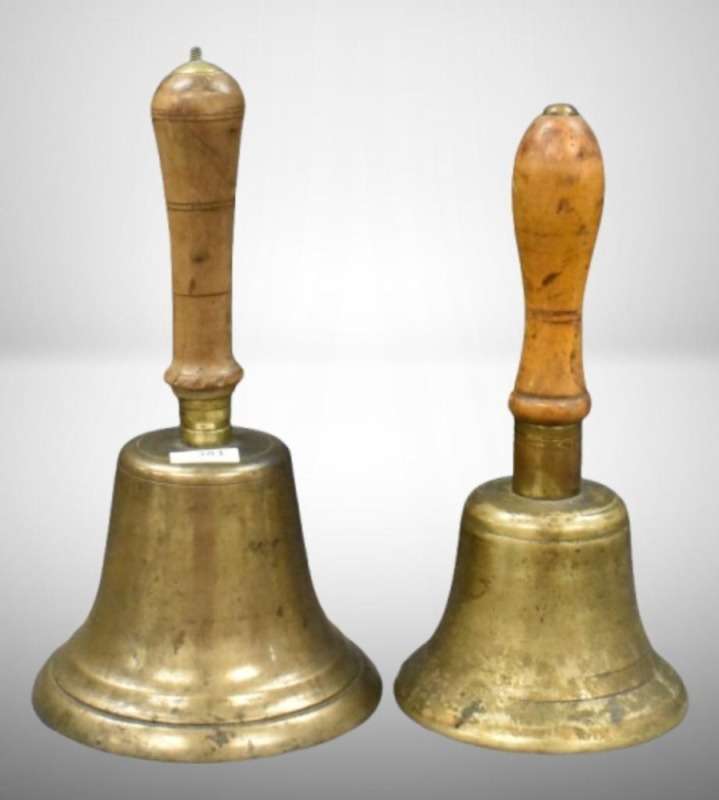 (2) Brass school bells w/ wooden handles