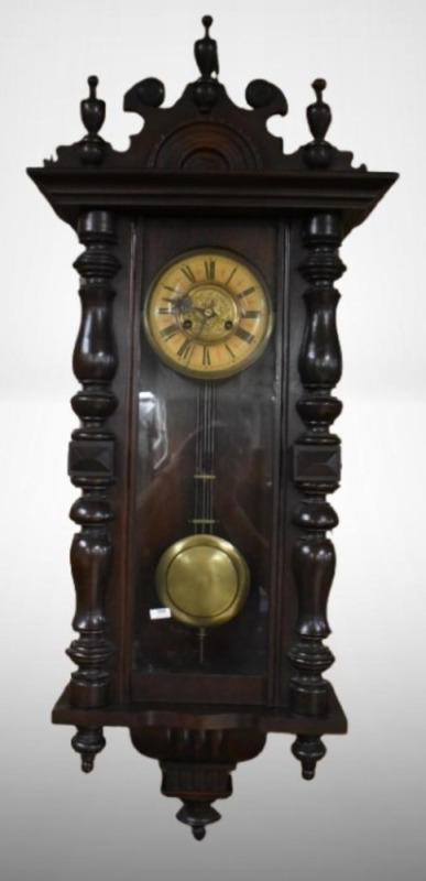 Victorian wall clock (prob. German),, heavy crest, side pillars and bottom adornment