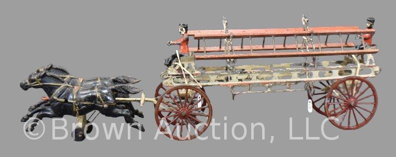 Cast Iron 2-horse drawn hook and ladder fire wagon w/ 2 men