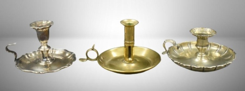 (3) Victorian finger-hold candleholders, brass and (2) silver