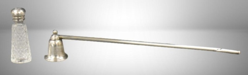 Silver candle snuffer; 2.5"h perfume bottle w/ silver monogrammed lid