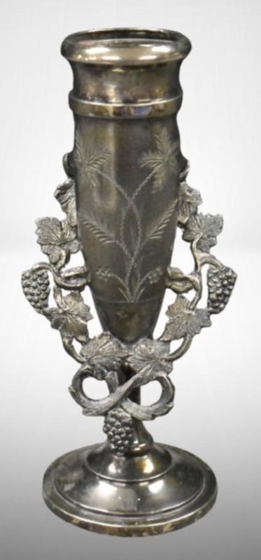 Quadruple plate 5.5" etched vase w/ applied grapes and leaves decoration
