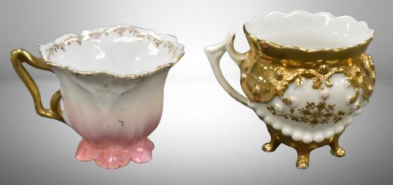 (2) Handpainted porcelain demitasse cups, 2" tall