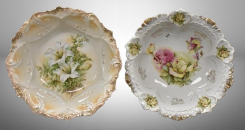 (2) Handpainted porcelain 10.5"d floral bowls, 1 mrkd. RSP