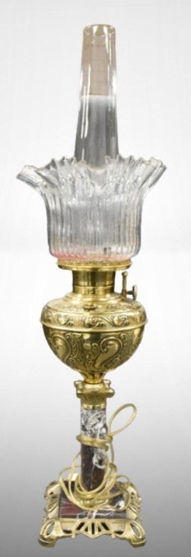 Victorian elec. banquet lamp w/ vertical ridges shade, embossed brass w/ marble slag pedestal and base