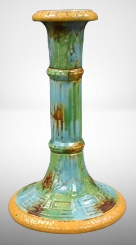 Majolica 8.25" candlestick, Greek Key base design