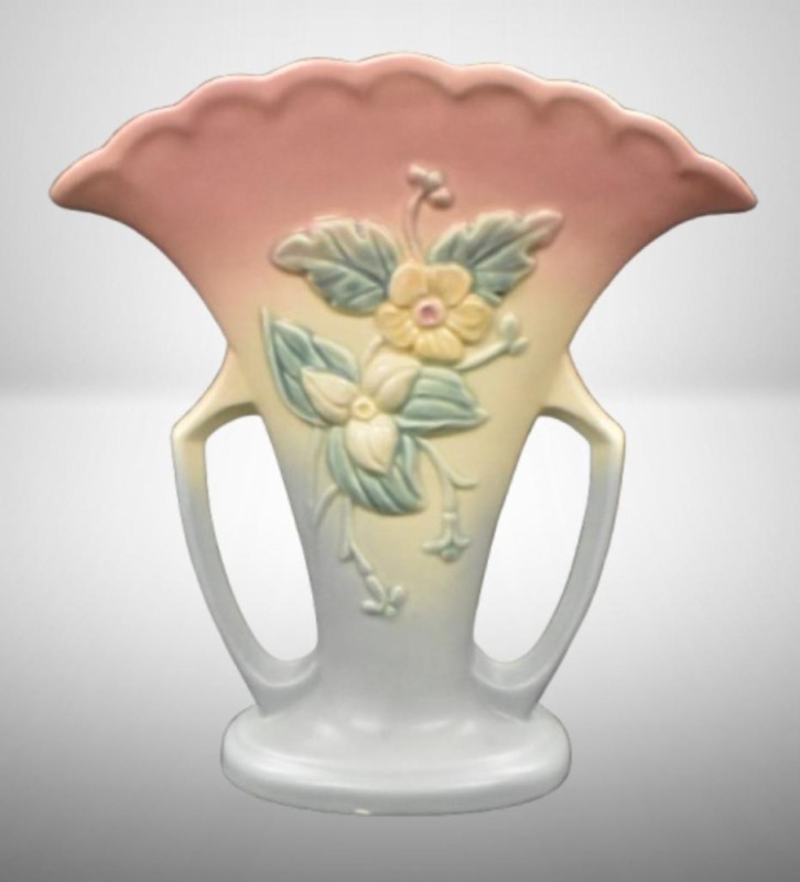 Hull Wildflower W-15-10.5" fan vase, pink/ blue