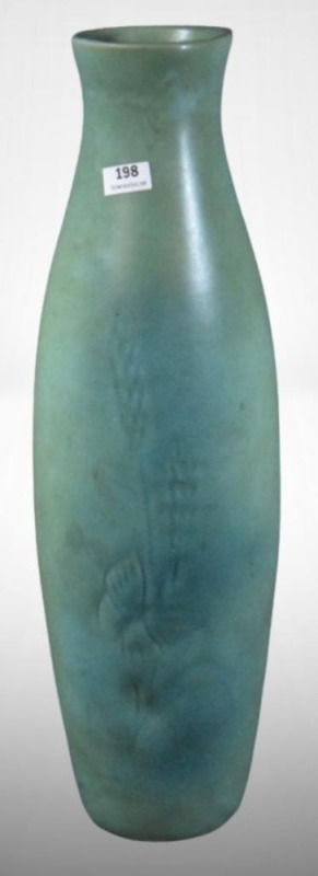 Van Briggle 16" vase w/ butterfly and foliage design, turquoise